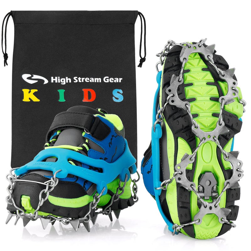 High Stream Gear أحذية ثلج للأطفال - مسامير ثلجية لأحذية المشي مع 14 مسمار من الفولاذ المقاوم للصدأ، قبضة مضادة للانزلاق للأولاد والبنات، أحذية ثلجية للمشي والتسلق (متوسط، أزرق) - Image 1
